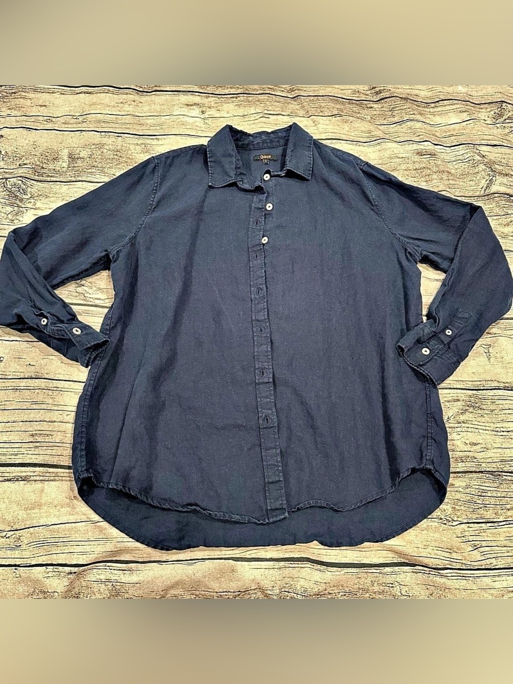 Quince European Linen Long Sleeve Shirt Casual Button Down Shirt in Navy Large